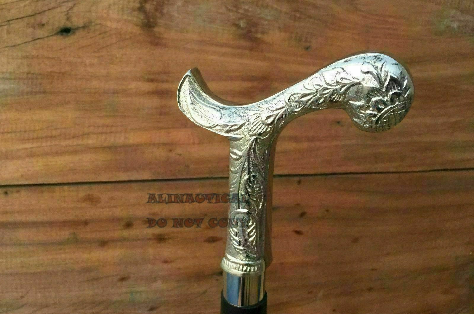 Victorian Walking Stick Black Wooden Brass Inlaid… - image 3