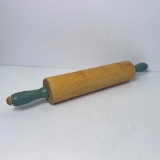 Vintage Munising Wooden Rolling Pin Teal Green Handles Farmhouse Kitchen Decor
