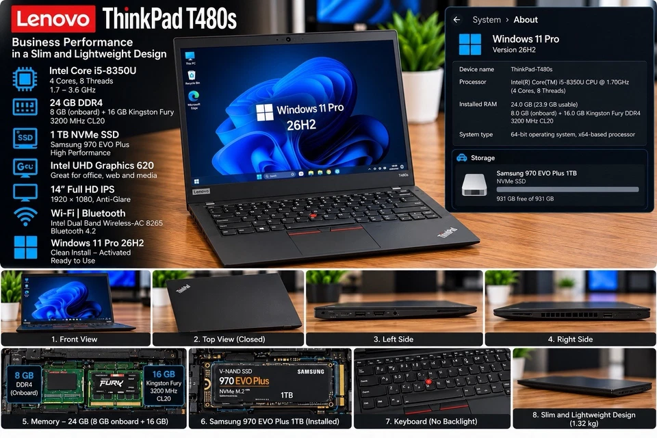 Lenovo ThinkPad T480s · i5-8350U · 24GB · 1TB, photo 1 of 5
