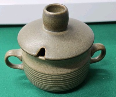 Denby-Langley Sherwood stoneware lidded sugar bowl in a dark olive-green glaze