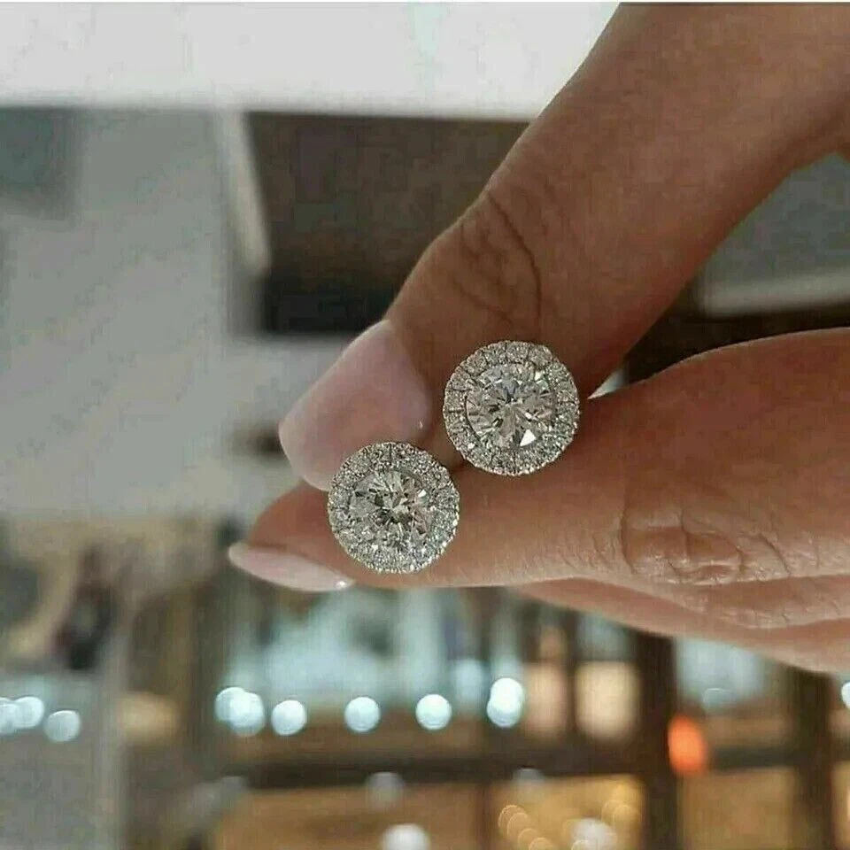 Women Halo Stud Earrings 14k White Gold Plated 3Ct Round Cut Lab Created Diamond - Image 2 of 4