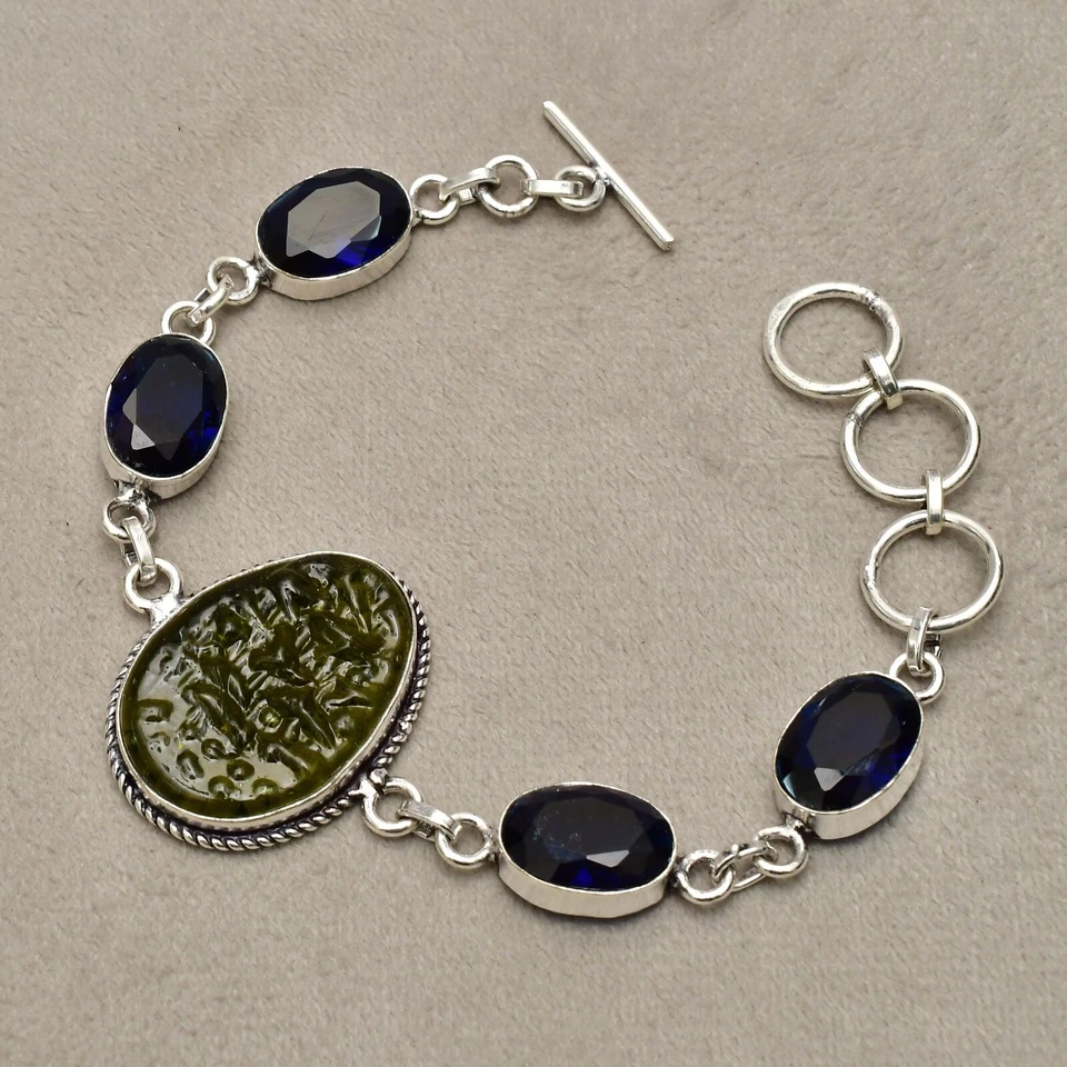 Bracciale in argento sterling 925 con pietre preziose Moldavite gioielli... - Immagine 2 di 4