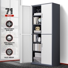 71" Gray/White Lockable Utility Metal Storage Cabinet w/ 2 Adjustable Shelves