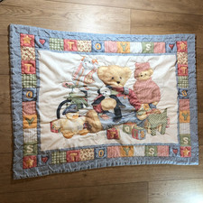 Vintage Blue Jean Teddy Bear Toys Blocks Quilt Hand Made Baby Blanket Crib