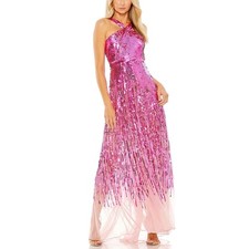 Mac Duggal 93961 Hot Pink Evening Gown Sequined Tulle Halter A-Line Dress Size 8
