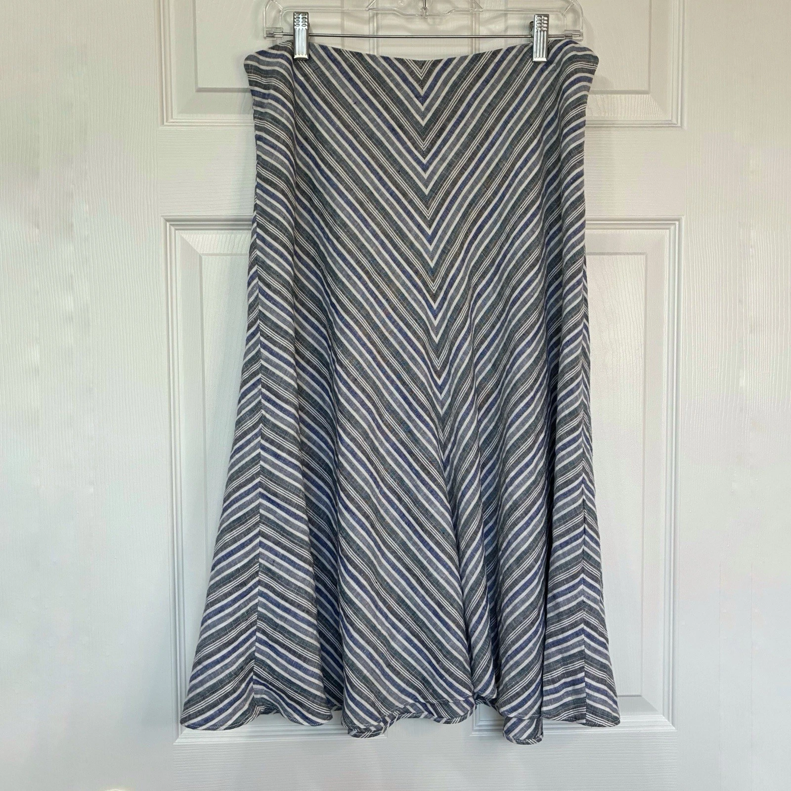 Banana Republic Linen Skirt Womens 10 Side Zip Blue White Tan Diagonal Stripes