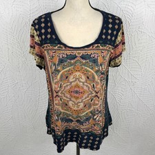 Lucky Brand Womens Tunic Top Shirt Size 1X Knit Short Sleeve Medallion Print