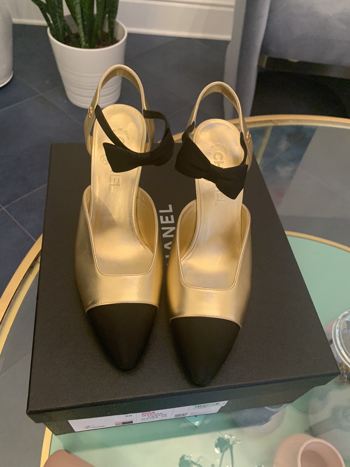 20A CHANEL LOGO Open Pumps Heels with Bow Black/Gold Size 38 New thumbnail 14
