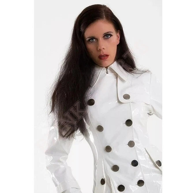 Abrigo gótico brillante de vinilo de trinchera para mujer PVC emo abrigo blanco de imitación de cuero de primera calidad Foto 2 de 3