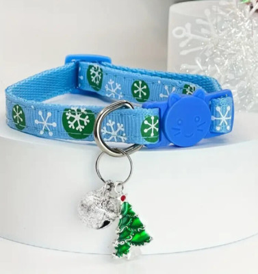 Christmas Cat Dog Breakaway Pet Collar Bell Cat Face Buckle Adjustable Sky Blue