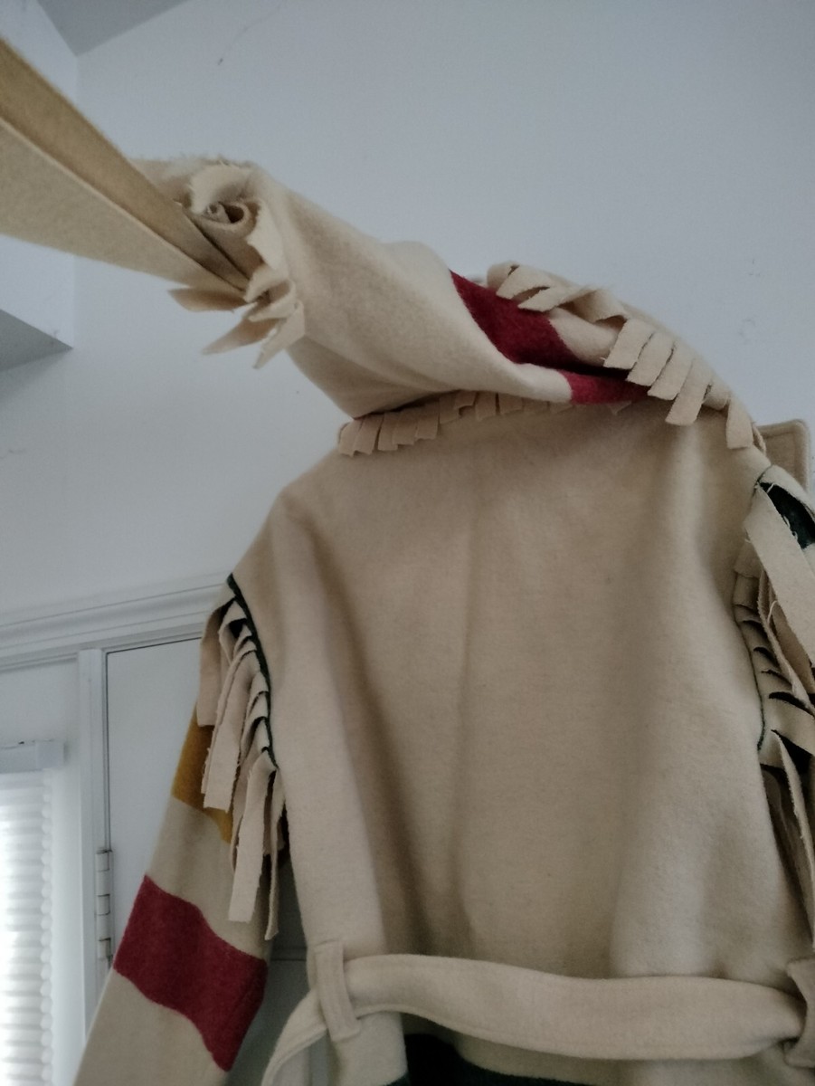 Vintage WOOLRICH HUDSON BAY Stripe Capote Fringe BLANKET Coat