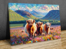 Scottish Highland Cows abstract art  mounted canvas print art ready to hang