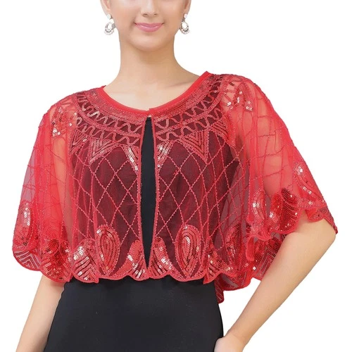 Womens Shrug Shawl Wedding Dresses Cape Cover Ups Sequins Beaded Shawls Party - Bild 12 von 30