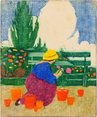 Potting Plants Art Print Ethel Mars 1916 Color Woodcut Garden Scene Modernist