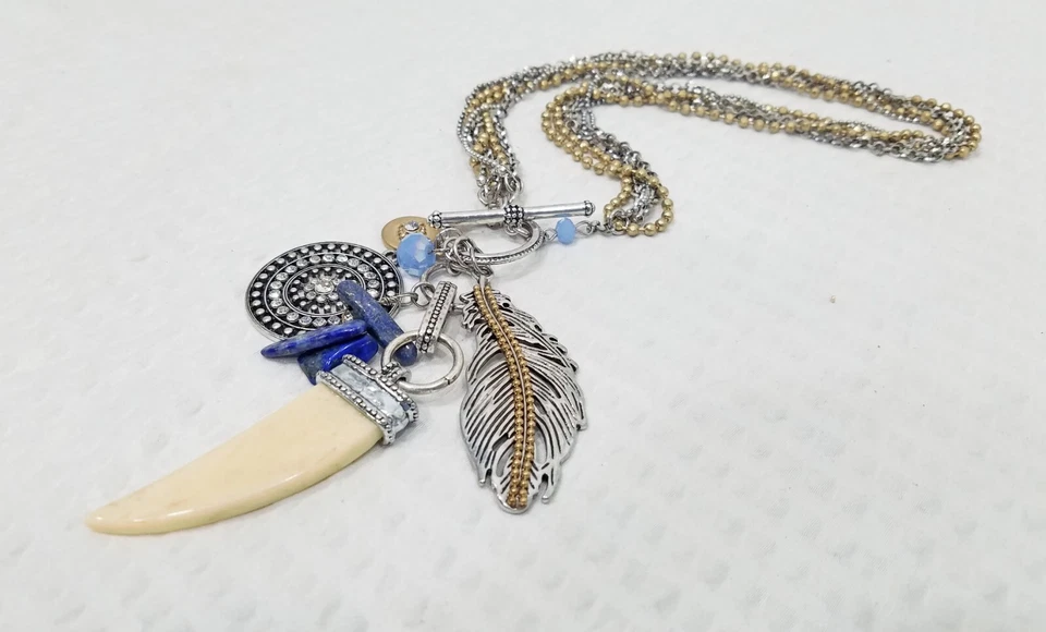 Two-Color Metal Feather & Wolf Tooth Multi Pendants Multi Strand Choker Necklace - Image 4 of 4