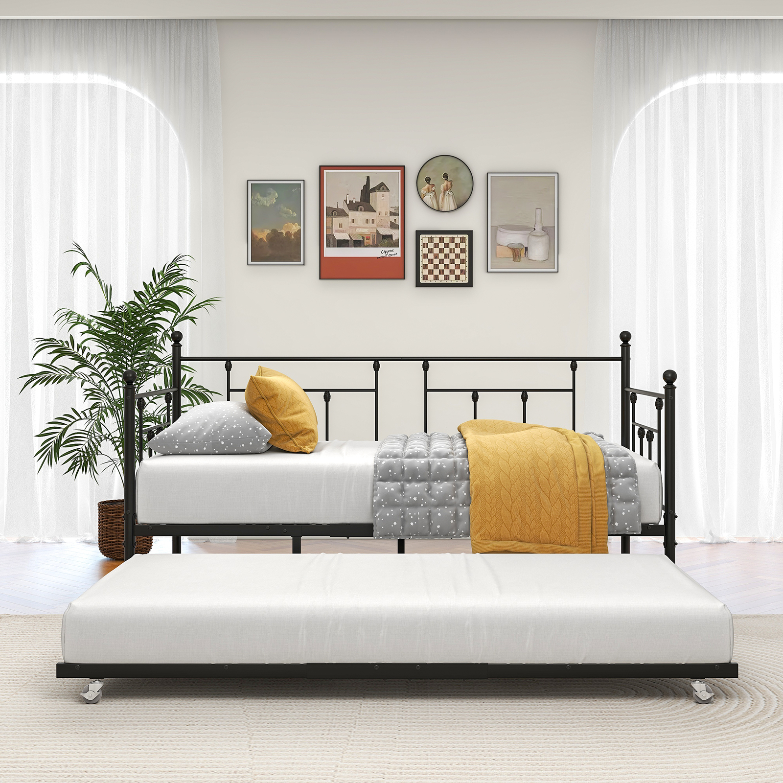 Twin Metal Daybed Frame with Trundle and Roll-Out Storage, Daybed Sofa Set