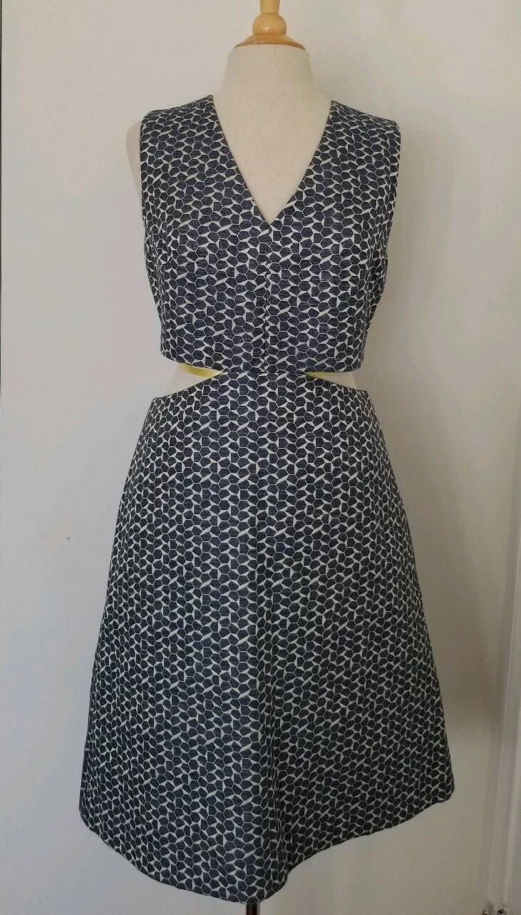 Abito Tory Burch blu navy panna tessera ginocchio lino taglia 8 $495