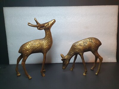 Vintage Messing Paar gefleckter Hirsch Tier Figur Hirsch + Reh Ornament mittelgroß