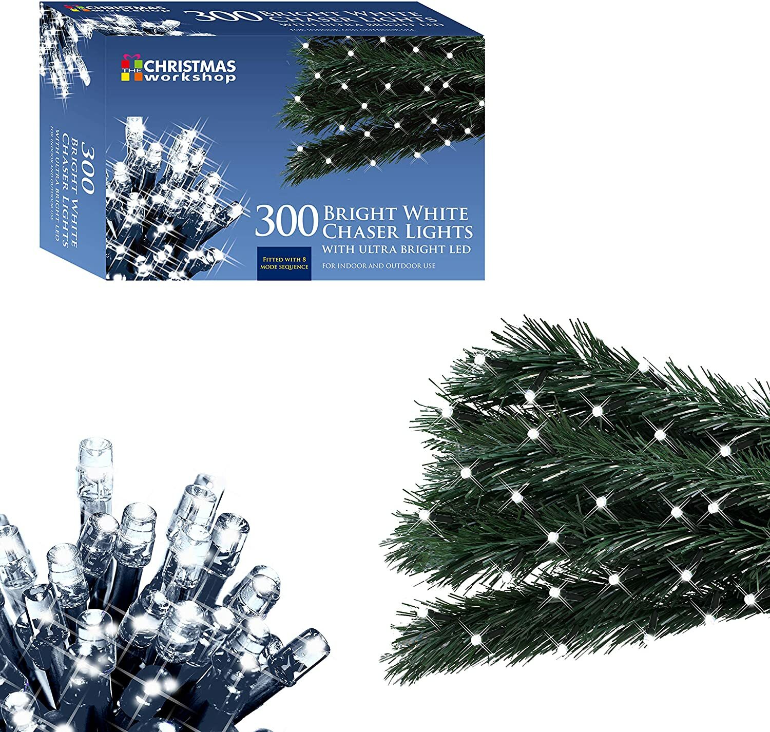 300 LED Chaser Christmas Lights Bright White 77650 Indoor & Outdoor Home Decor