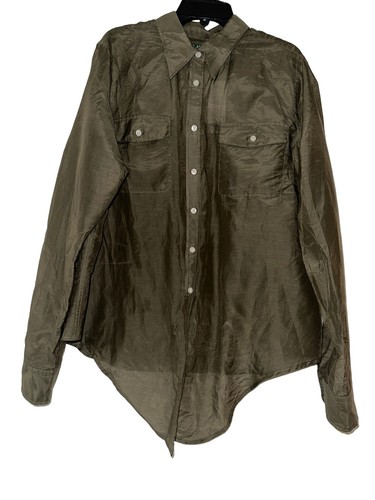 Camicia Ralph Lauren NUOVA donna taglia L verde oliva seta misto cotone cravatta bottoni top - Foto 6 di 7