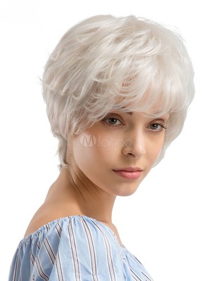 100 Human Hair Natural Short Straight White Fashion Women S Wig