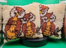 Vintage Owl Latch Hook 70s Handmade Pillows Unique 14" Orange and Brown Set Of 2