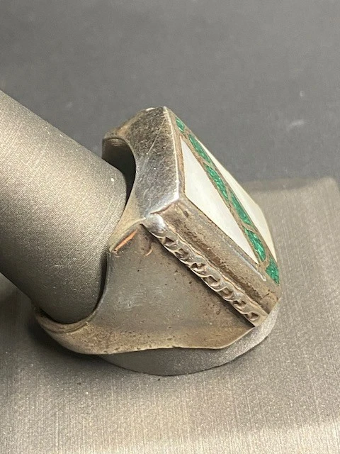 ANILLO ENORME HOMBRE PLATA ESTERLINA 925 MADREPERLA Y TURQUESA TALLA 12.25 Foto 3 de 4