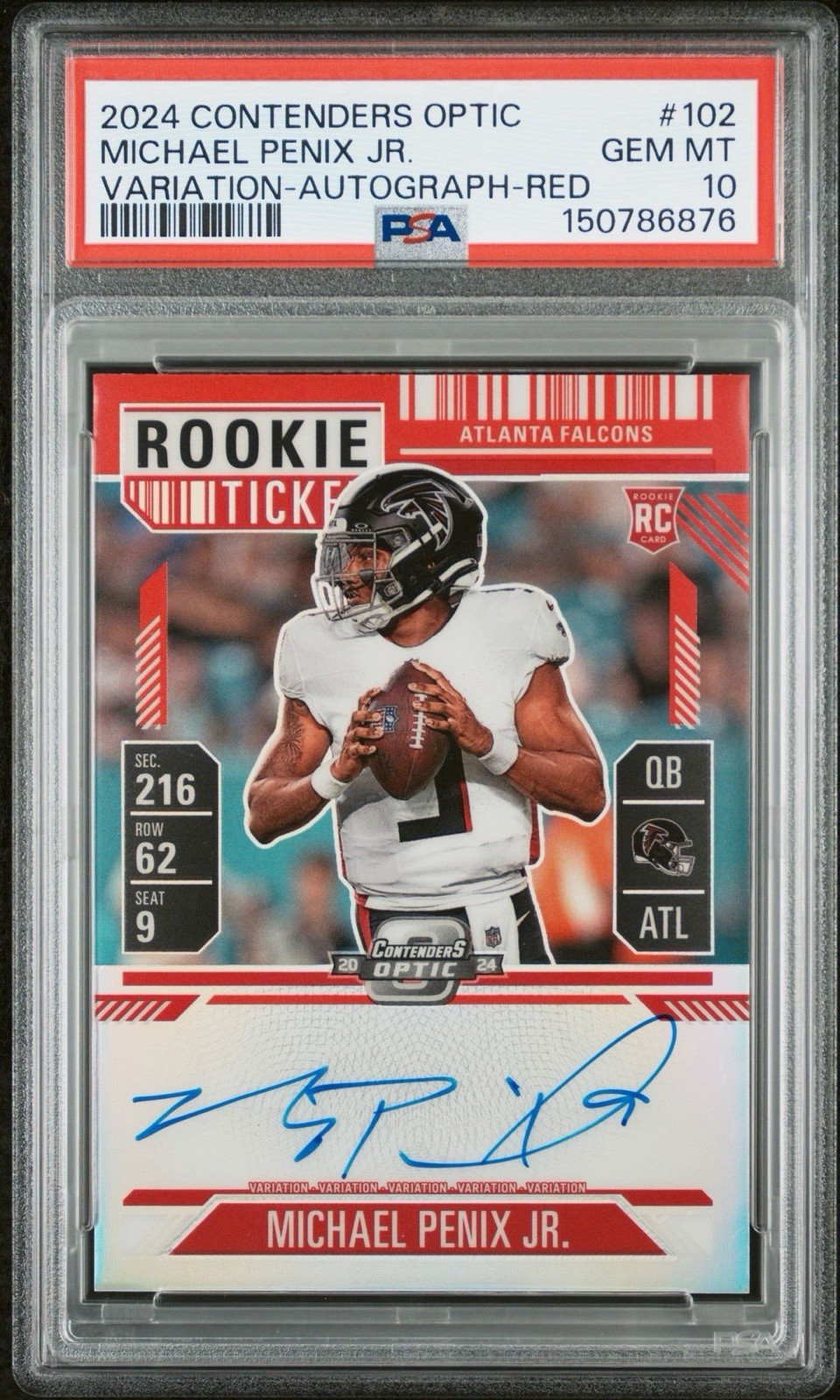 Michael Penix Jr. 2024 Contenders Optic #102 Rookie Ticket Auto Red /99 PSA 10