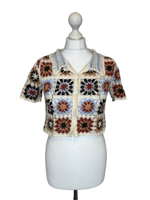 Vintage Patchwork Häkel Kragen Cardigan Baumwolle Crop passt Größe 8-10