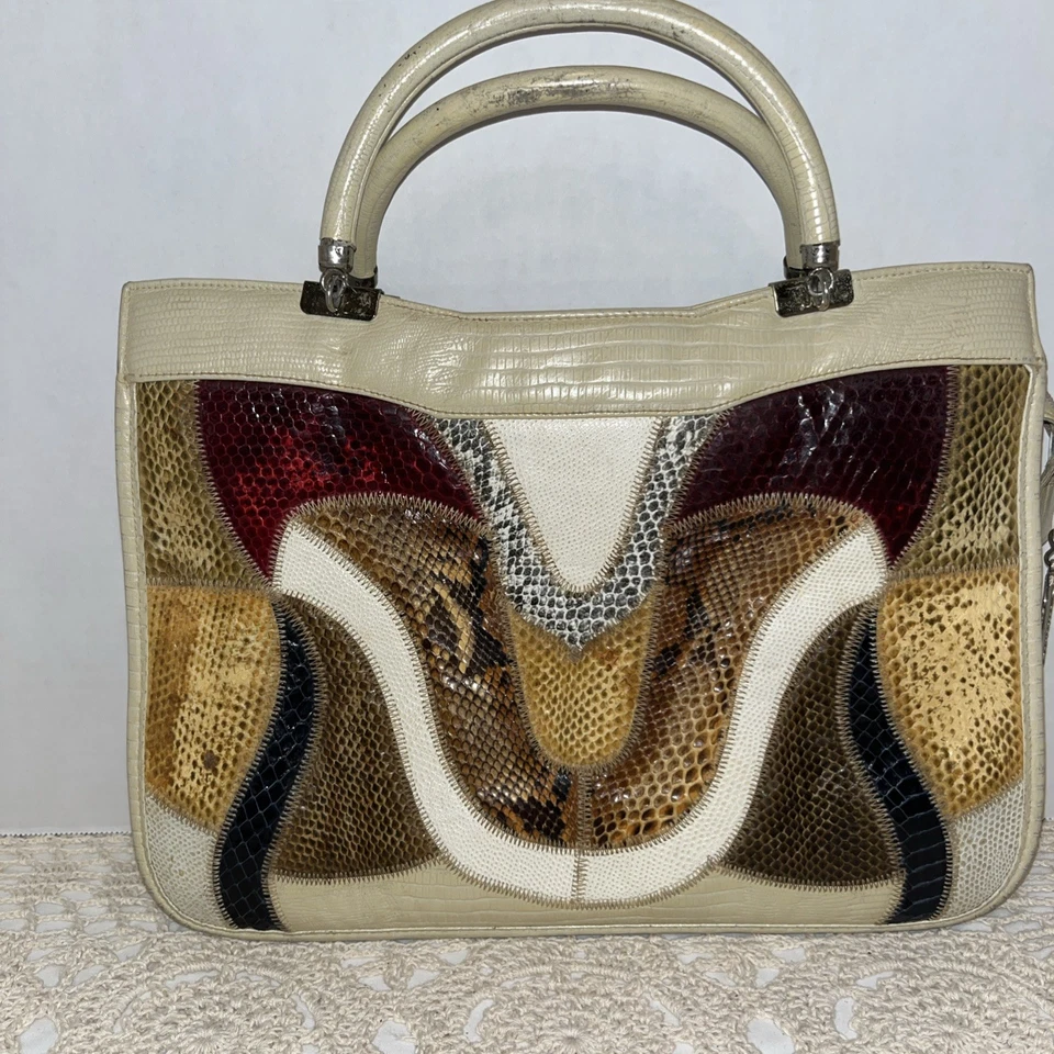 Cartera/bolso de mano de piel de serpiente exótica natural beige original de Caprice Patchwork Foto 3 de 4