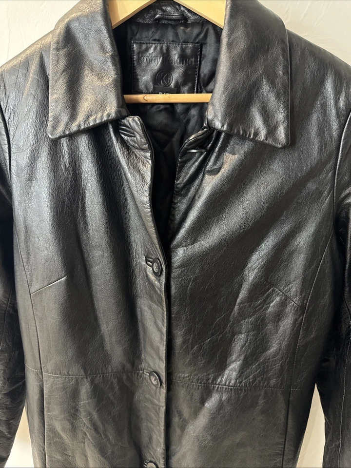 Vintage Kathy Ireland Black Leather Jacket Women's Mid-Length Coat Small - Image 3 of 4
