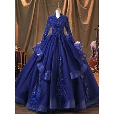 Sapphire Blue Evening Dress Crystal Sequin Embroidery Lace Trim O- Neck Gowns