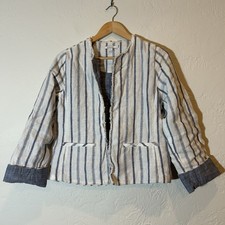 Chico s Linen Stripe Open Front Jacket Raw Edge Artsy Casual Size 0 US 4