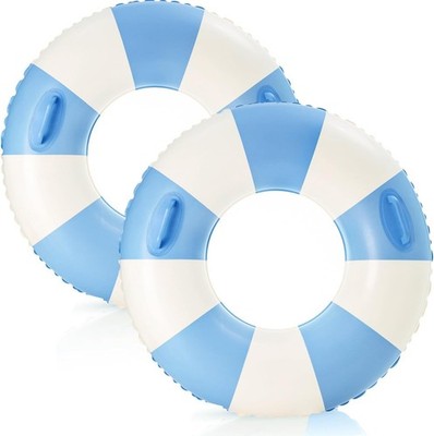 2PCS Stripe Pool Swim Ring with Handles Inflatable Pool Floats 47IN Blue Stripe