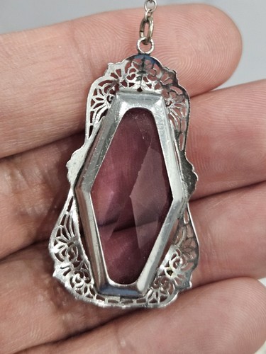 Antique Art Deco Amethyst Glass Faux Pearl Filigree Rhodium Plated Necklace 23" - Picture 10 of 14