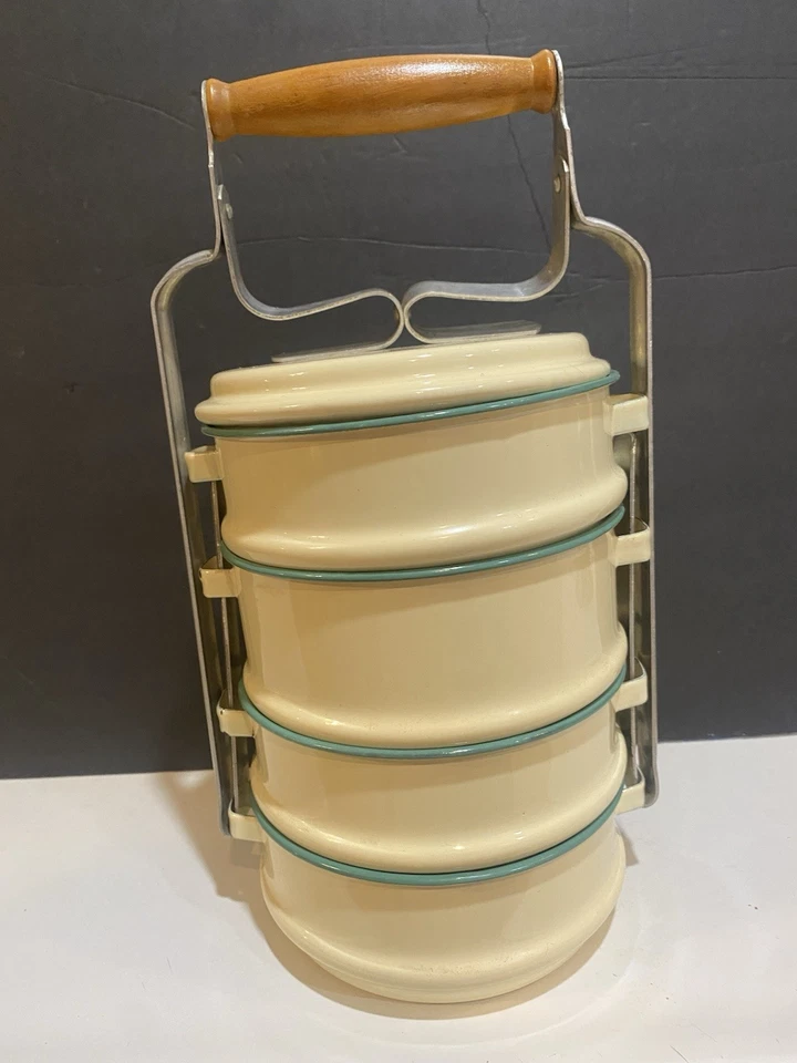Caja Pinto Tiffin Contenedor Transportador de Comida Tailandés Esmalte Tradicional De Colección 4 Pilas Foto 2 de 4