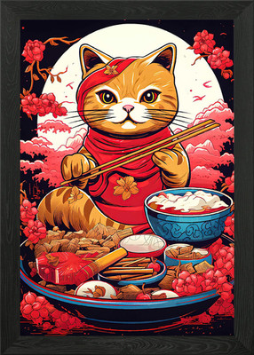 Katze Essstäbchen asiatisches Essen gerahmt Wandbild Poster Leinwanddruck Bild