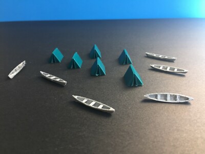 Lets go Camping! 6 GREEN Tents and 6 SILVER Canoes SET - N Scale 1:160