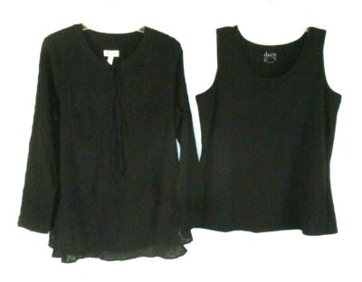 New Denim & Co. Clip Dot Blouse Shirt Set of 2 Tank Top Black Medium Women CB63L
