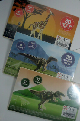3D Holz Puzzle - Wilde Tiere & Saurier Puzzel - 6 verschiedene zur Auswahl - NEU