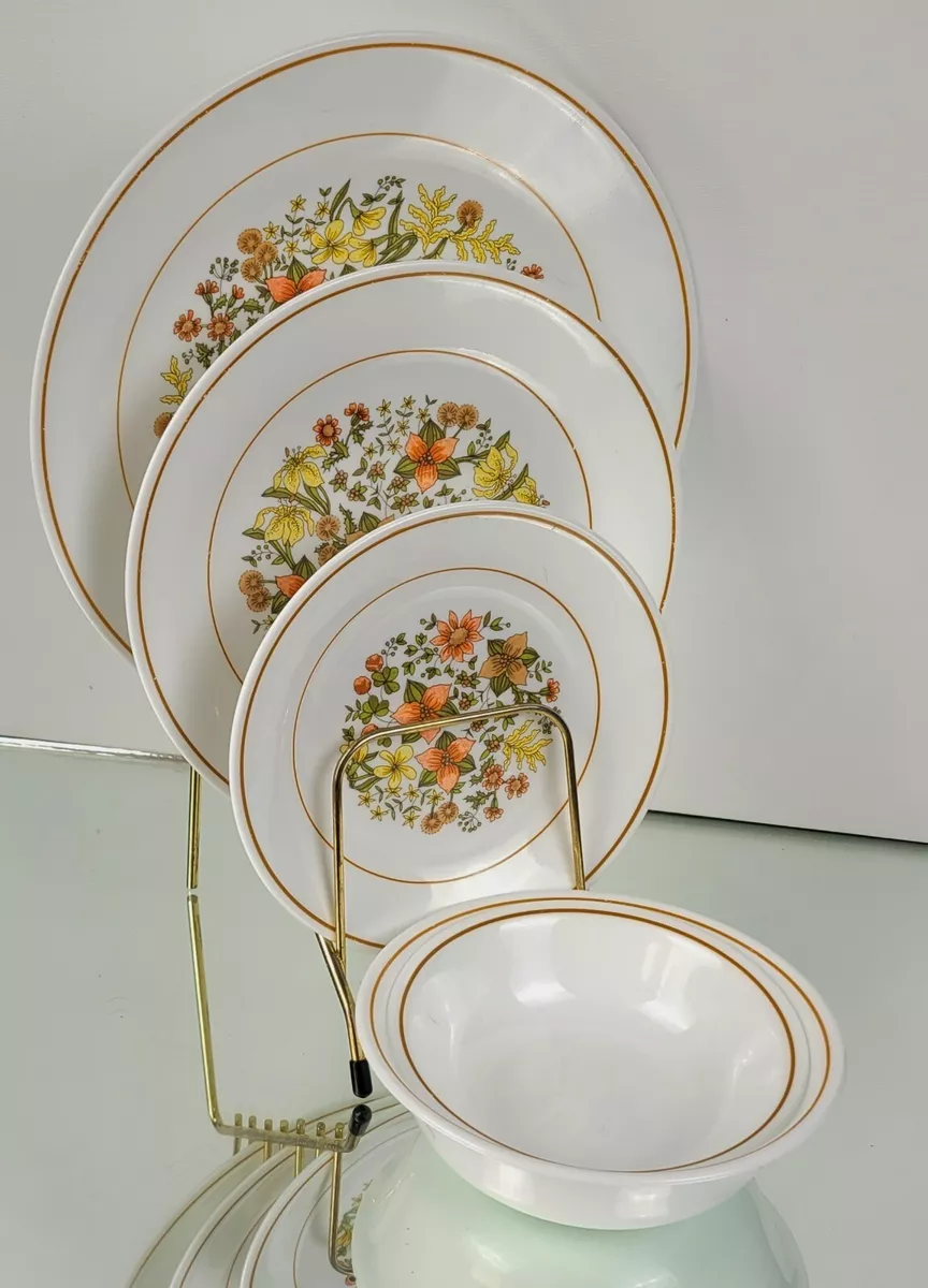 Corning Corelle Indian Summer 5 Pcs. Dinnerware White Floral Brown Line