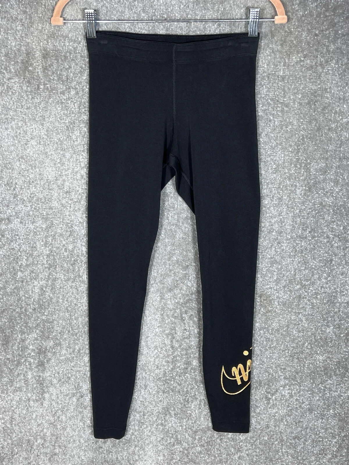 Nike Gold Glitter SPELLOUT Pull On Ankle Leggings Womens Size XS Black Stretch