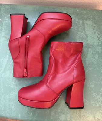 VTG 90s Y2K Red Leather Zip Ankle Bootie Platform Block Heel Round Toe US 5M