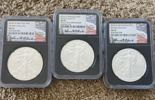 Set of 3 2016 (W)-(S)-(P-30TH Anniversary) NGC MS70 Signed Anna Escobedo Cabral