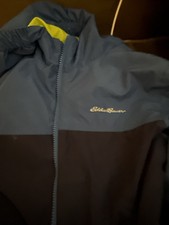 Eddie Bauer Kids Windbreaker Jacket Blue Neon Green Hooded Size S 7/8 Light