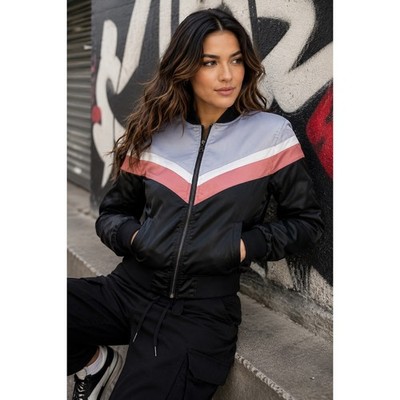 Express Satin Bomber Jacket XS Colorblock Chevron Varsity Y2K Zip Black Pink