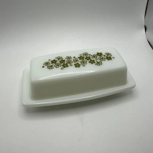 Vintage 1970s PYREX Butter Dish Spring Blossom Crazy Daisy Green White Milk USA