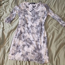 FOREVER 21 Floral Lace Stretch Bodycon Mini Dress M Square Neck 3/4, White