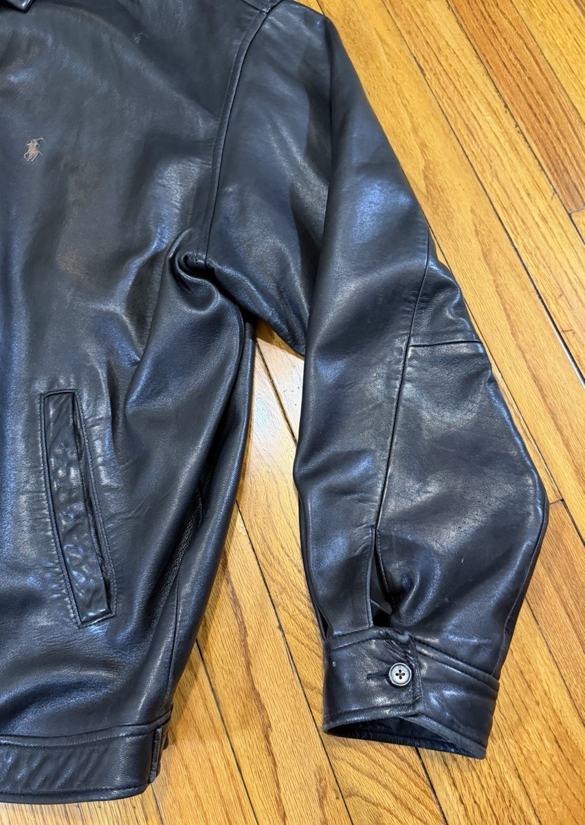 Vtg 90's Polo by Ralph Lauren Blue Label Black Leather Coat Men's