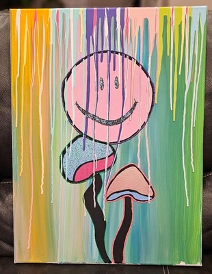 ''Crying Mushrooms'' Original Modern Smiley Face Modern Painting Canvas 18x24